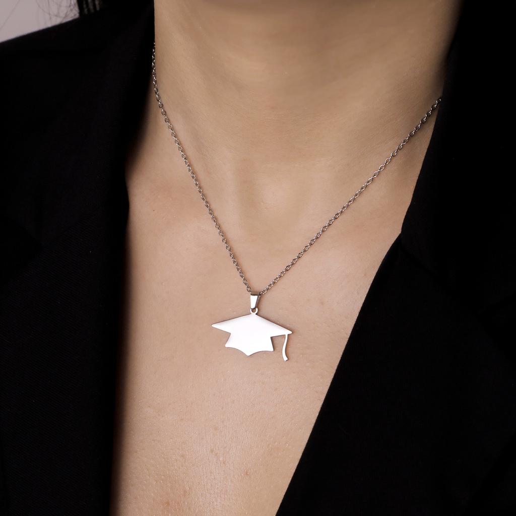 Lucktune Graduate Hat Pendant Necklace Stainless Steel Women Men Bachelor Cap Necklace School Graduation Jewelry Students Gift