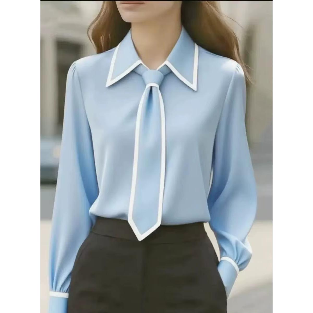 Women s Fashion Tie Lapel Design Casual Long-sleeved Shirt S