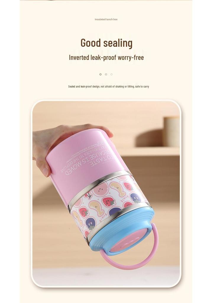 Adorable Cartoon Double-Layer Thermal Lunch Box with Spoon – 304 Stainless Steel, Ideal for Kids and Students