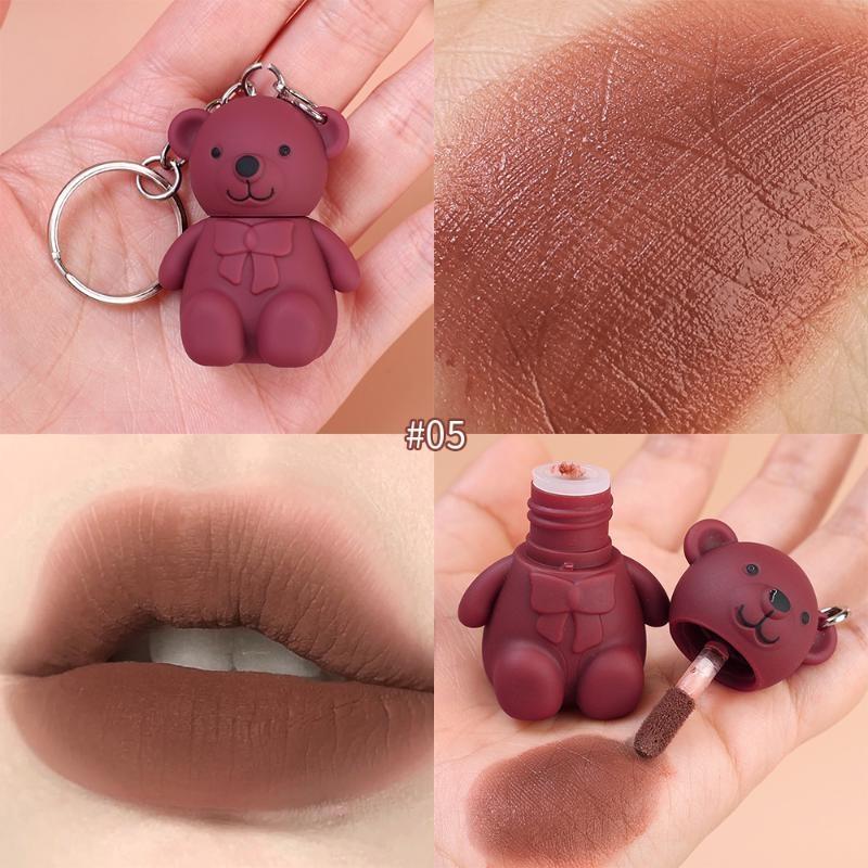 Cute Bear Matte Lipstick Keychain Lipstick Waterproof Lasting Lip Glaze Portable Lip Gloss