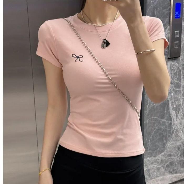 Ins Pure Desire Embroidery Summer Slim-fit Short-sleeved T-shirt Women's Korean Version Bow Round Neck Contrasting Bottom Top Women's