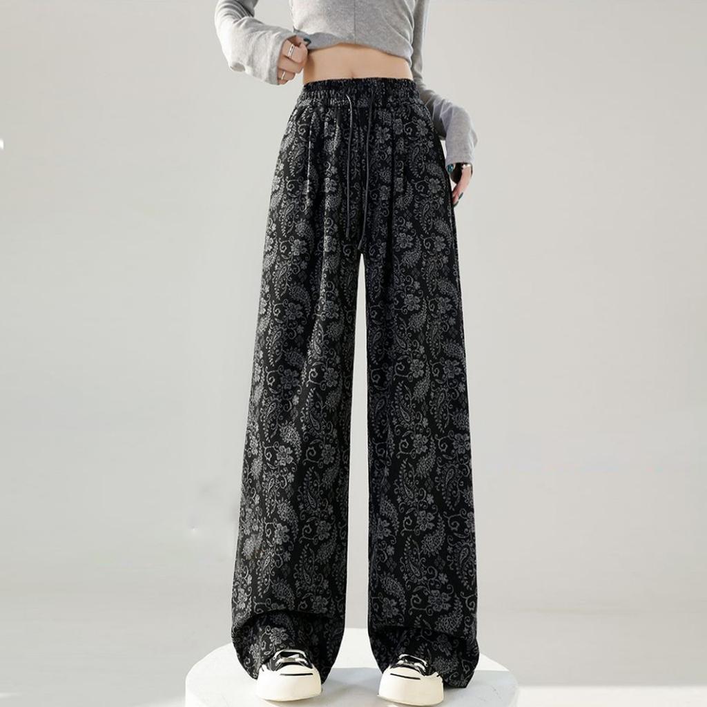 New Spring Autumn Retro Jacquard Casual Wide-leg Pants Women in Autumn High Waist Loose Elastic Waist Straight Pants
