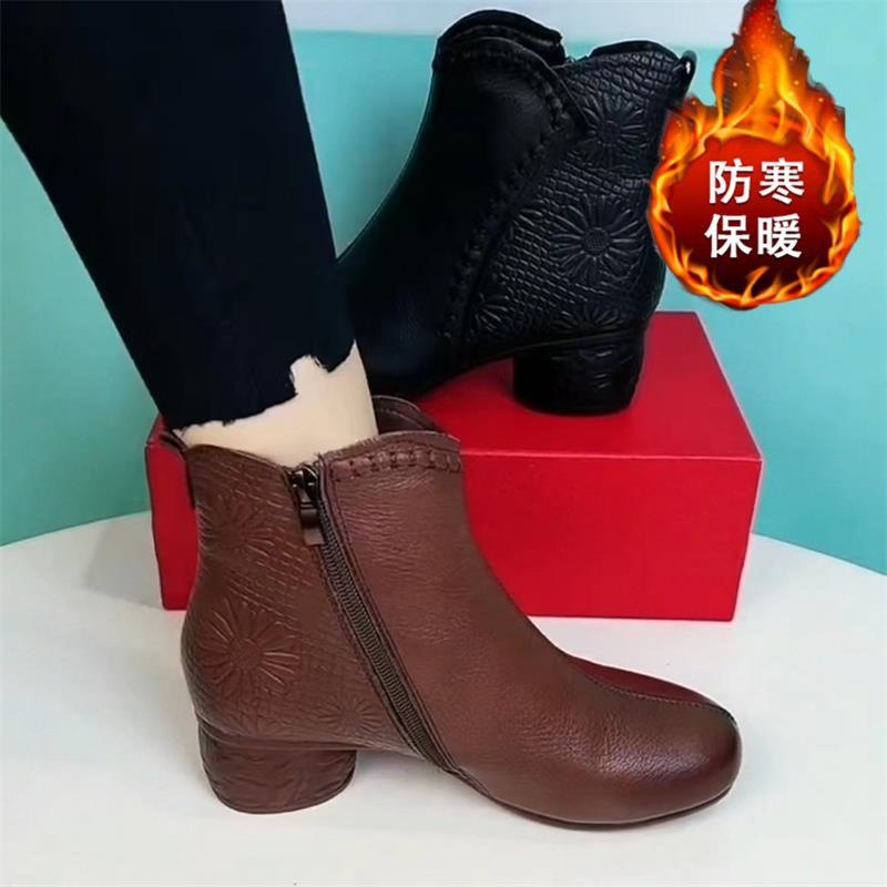Retro soft leather short boots autumn and winter new cotton boots soft sole non-slip warm snow boots thick heel velvet shoes