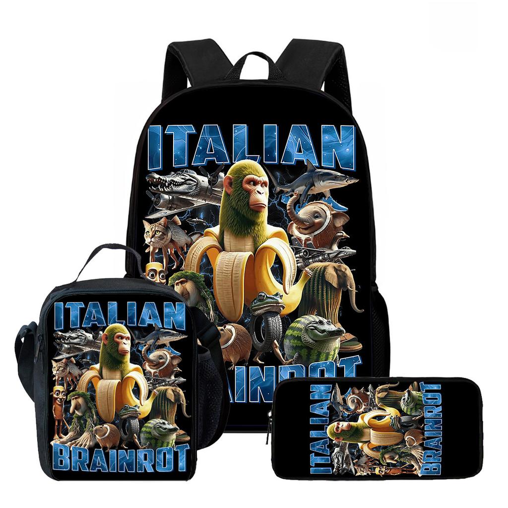 Pcs Set Brainrot Cartoon Child School Backpack with Lunch Bags ,Pencil Bags ,School Bags for Boys Girls Best Gift