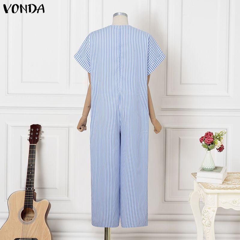 VONDA Summer Women V Neck Long Sleeve Striped Thin Casual Long Wide Leg Jumpsuit Rompers For Tall
