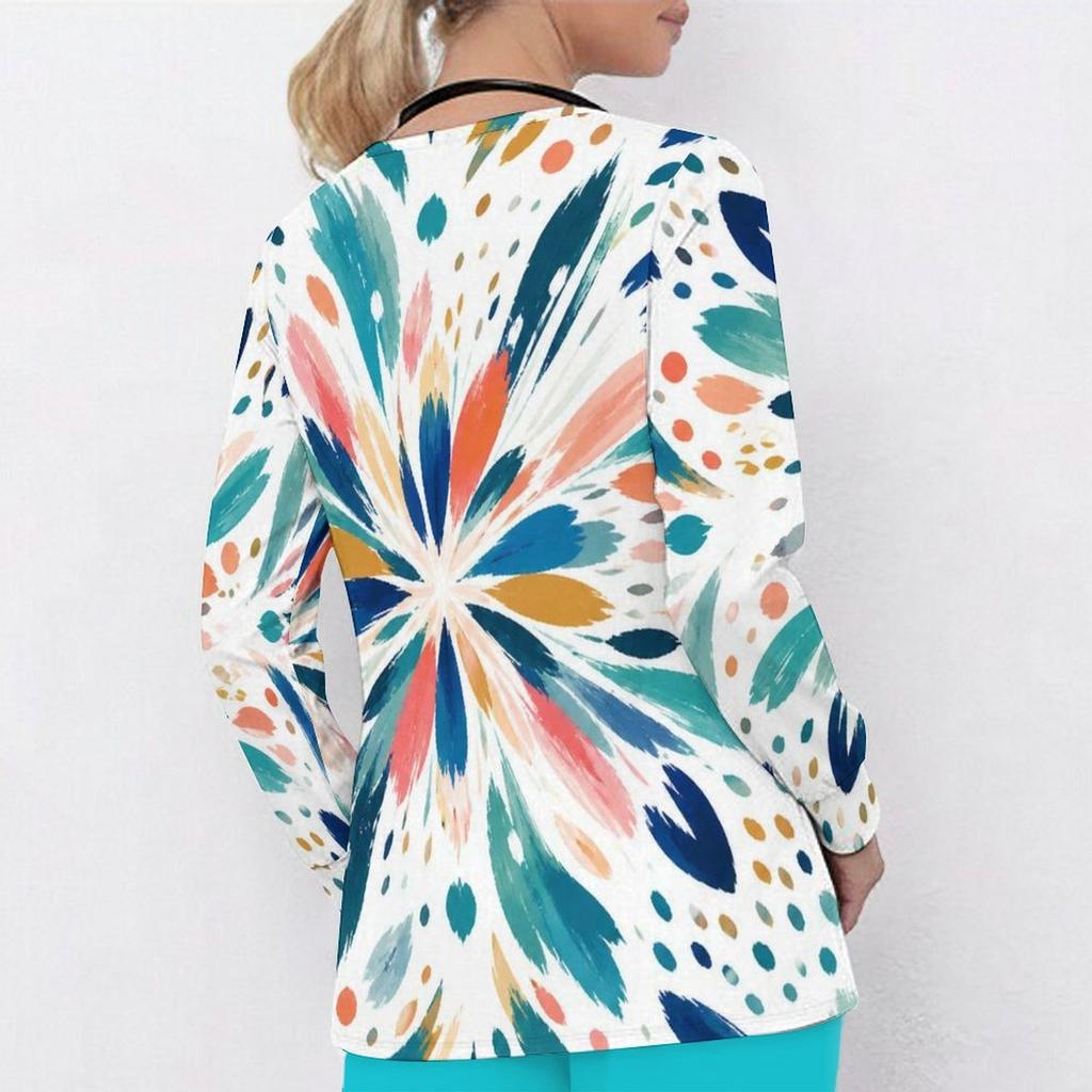 Women Plus Size Multicolor Printed V Neck Long Sleeve Scrub Top With Front Pockets
