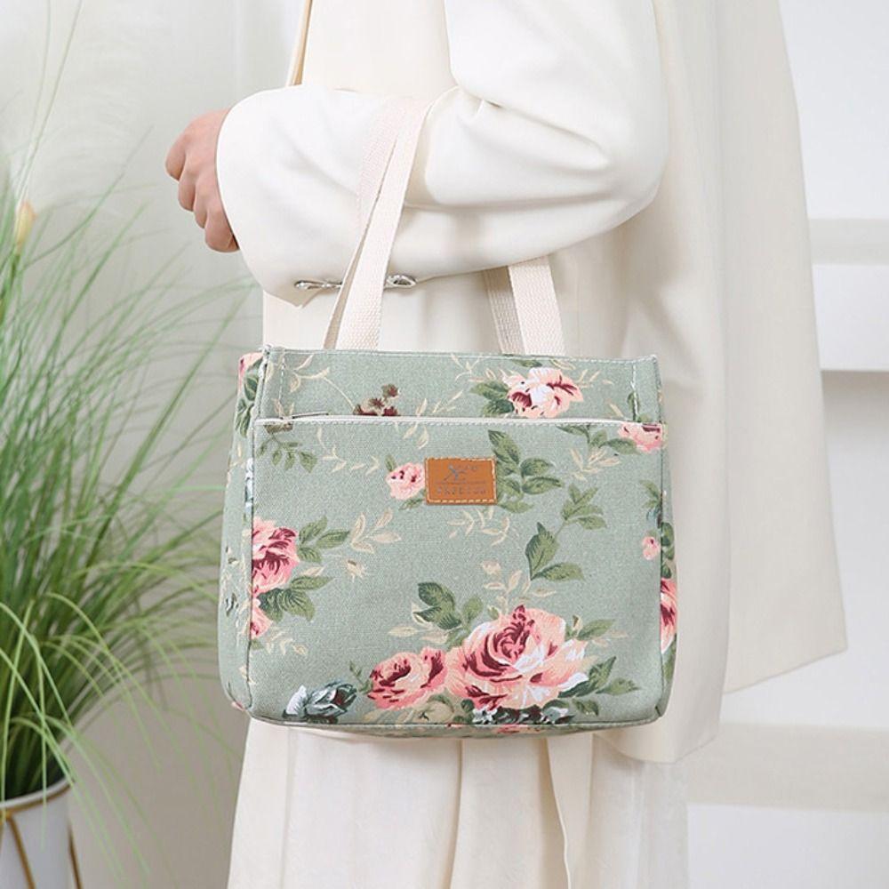 Zippered Floral Print Lunch Bag Insulated Tote Bag Food Storage Bag Thermal Picnic Bag Women