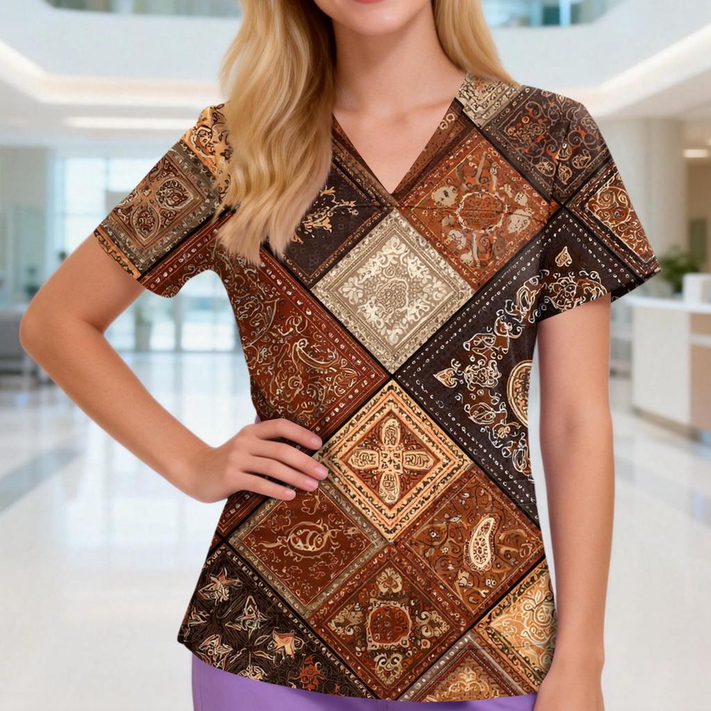Damen V-Ausschnitt Drei-Taschen Kurzarm Retro-Print Uniform/Pflegekraft Oberteil Mit Schlitzen Am Saum