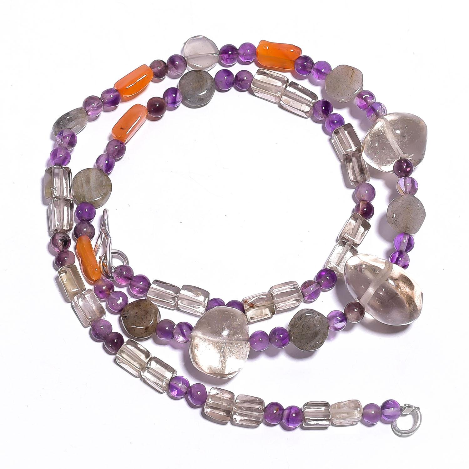 

Natural Smoky Quartz Amethyst Carnelian Gemstone Beads Necklace 17 UB-4421 UB-4421