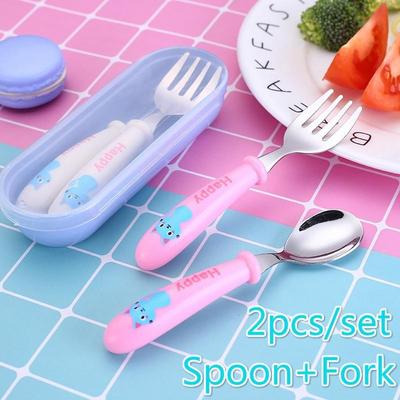 2pcs/set Cute Baby Kids Feeding Spoon + Fork High Quality 304Stainless Steel Baby Cartoon Spoon Flatware