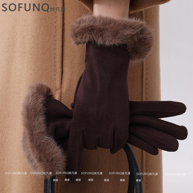 Warm Gloves Women's Thickened Hairy Mouth Cold-proof Outdoor Windproof Gloves Are Simple and Versatile
