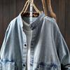 Denim Jacket Blouse Shirt for Women Long Sleeve Large Pockets Casual Oversize Stand Collar Loose Coat Top