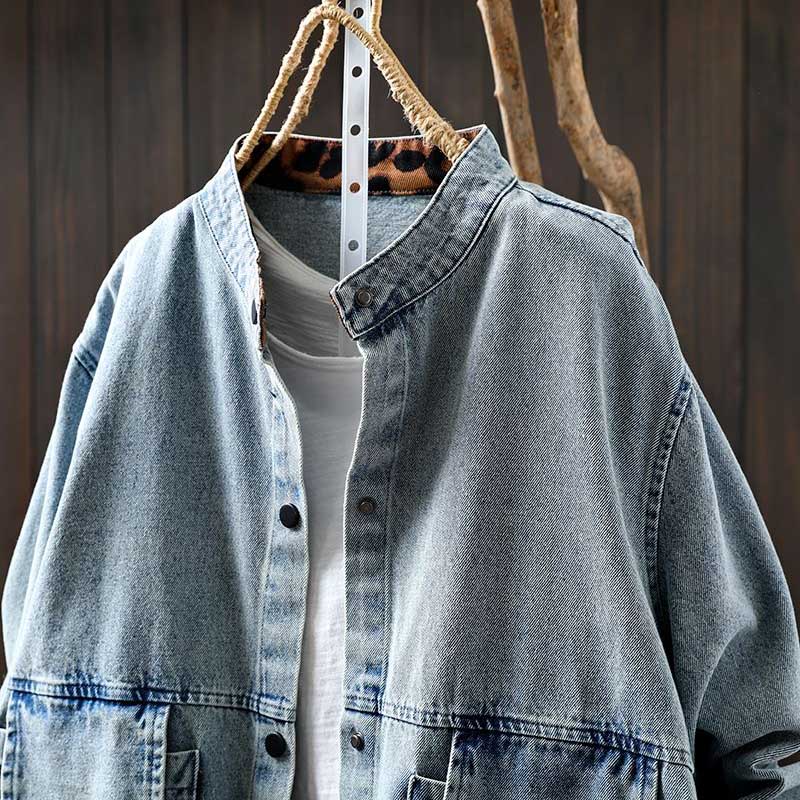 Denim Jacket Blouse Shirt for Women Long Sleeve Large Pockets Casual Oversize Stand Collar Loose Coat Top