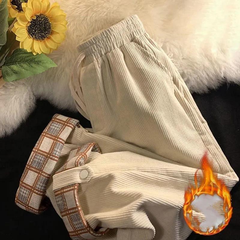 Plus Size Loose Thicken Corduroy Pants Women Fall Winter Warm Velvet Wide Leg Straight Pants Baggy Casual Trousers