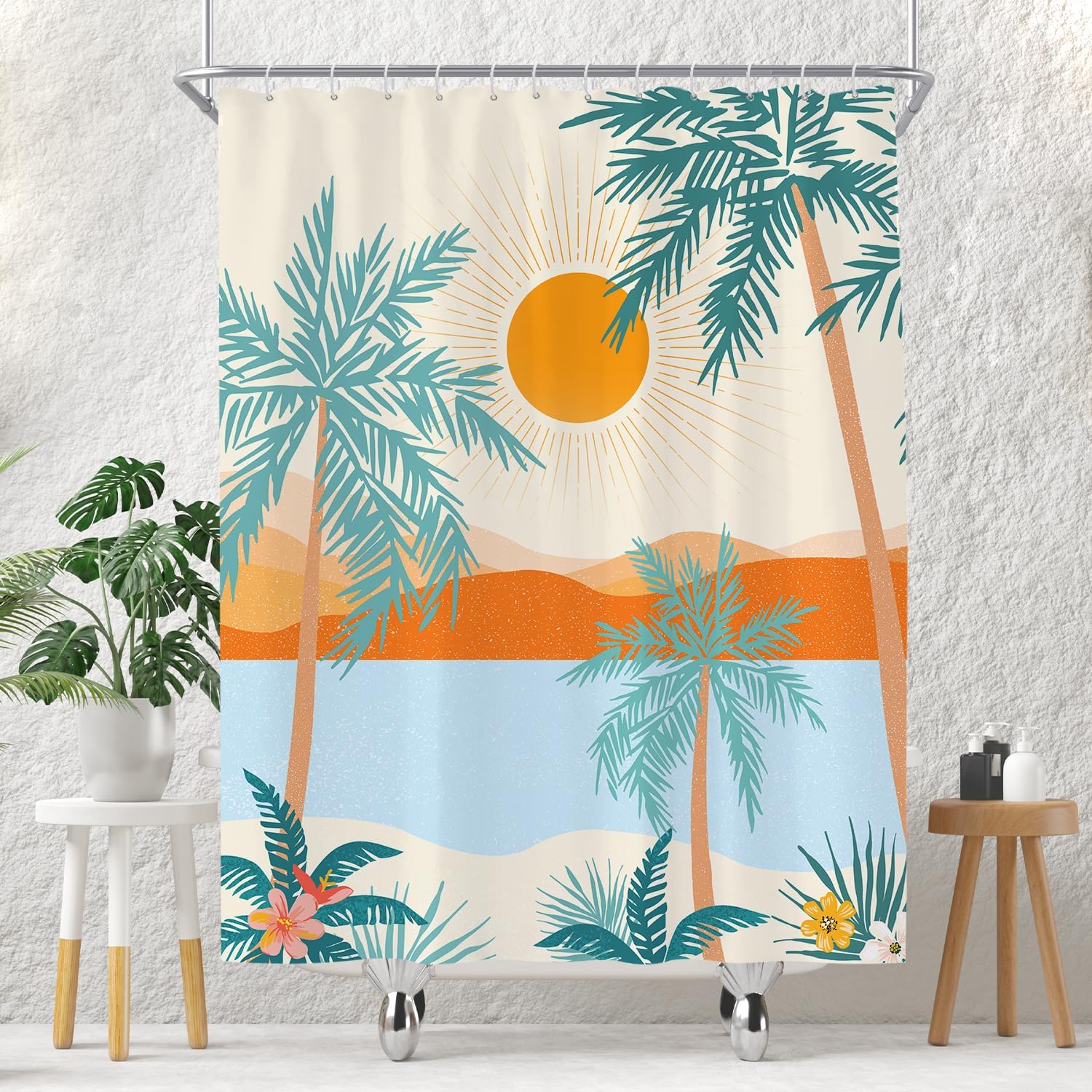 Tropical Palm Trees and Sunset Pattern Waterproof Shower Curtain 180x200cm - Beach Style Print Bath Curtain for Home Decor 90x180cm35x71in