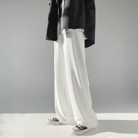Summer Men Pants Solid Color Elastic Waist Anti-wrinkle Draping Wide Leg Trousers Streetwear