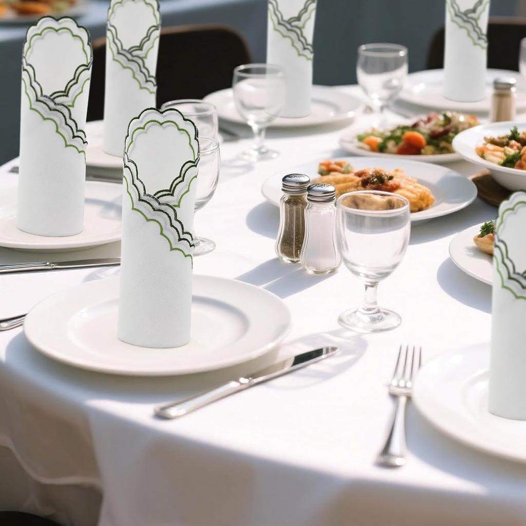 Set of 6 Cloth Napkins Scalloped Embroidery Cloth Napkins Washable Polyester Table Dinner for Restaurant Weddings Events Parties