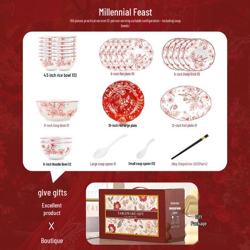 Vintage Red Ceramic Dinnerware Gift Set 12 Person, 60-Piece Set