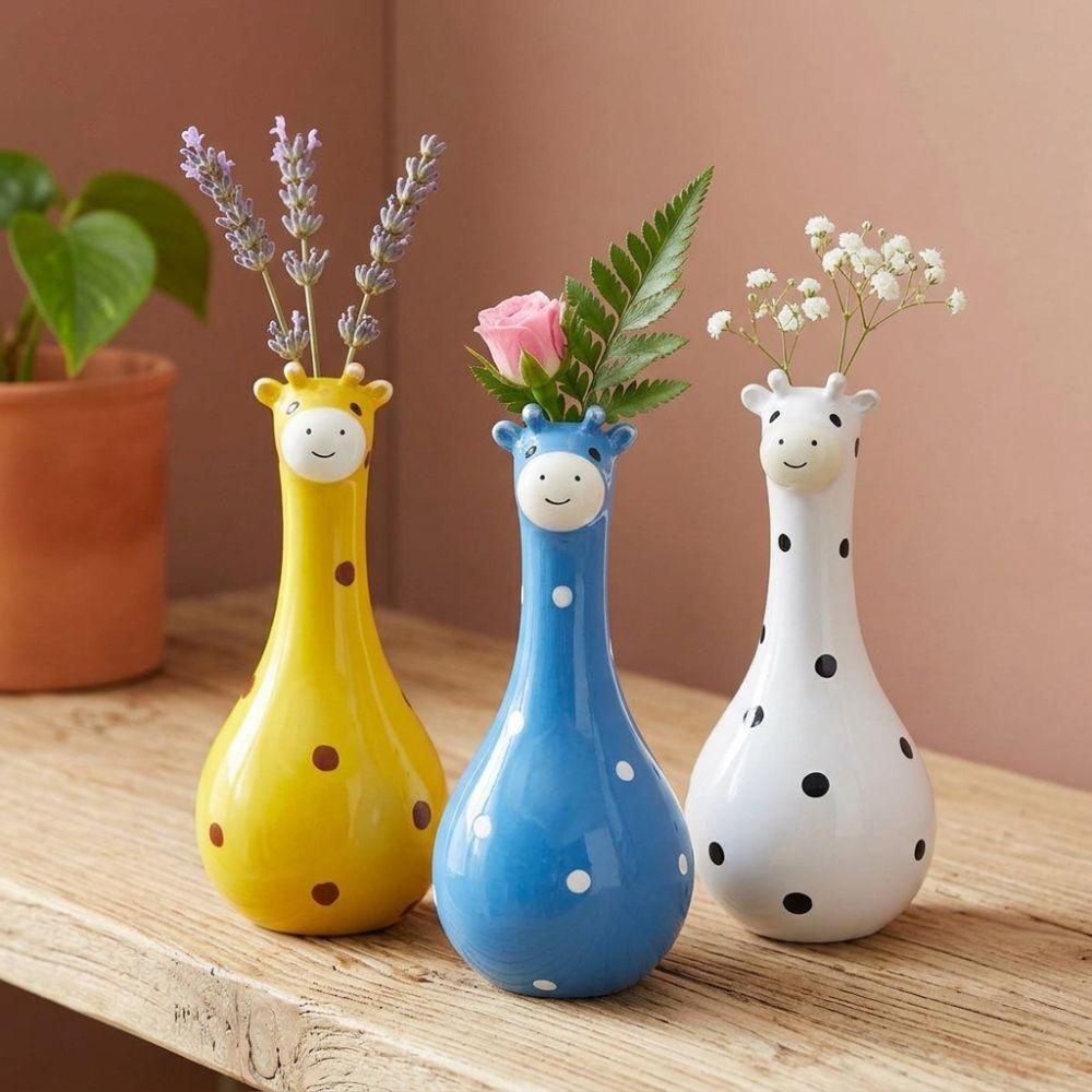 Hand Painted Cartoon Giraffe Resin Vase Novelty Cute Animal Flower Holder  Desktop Decor
