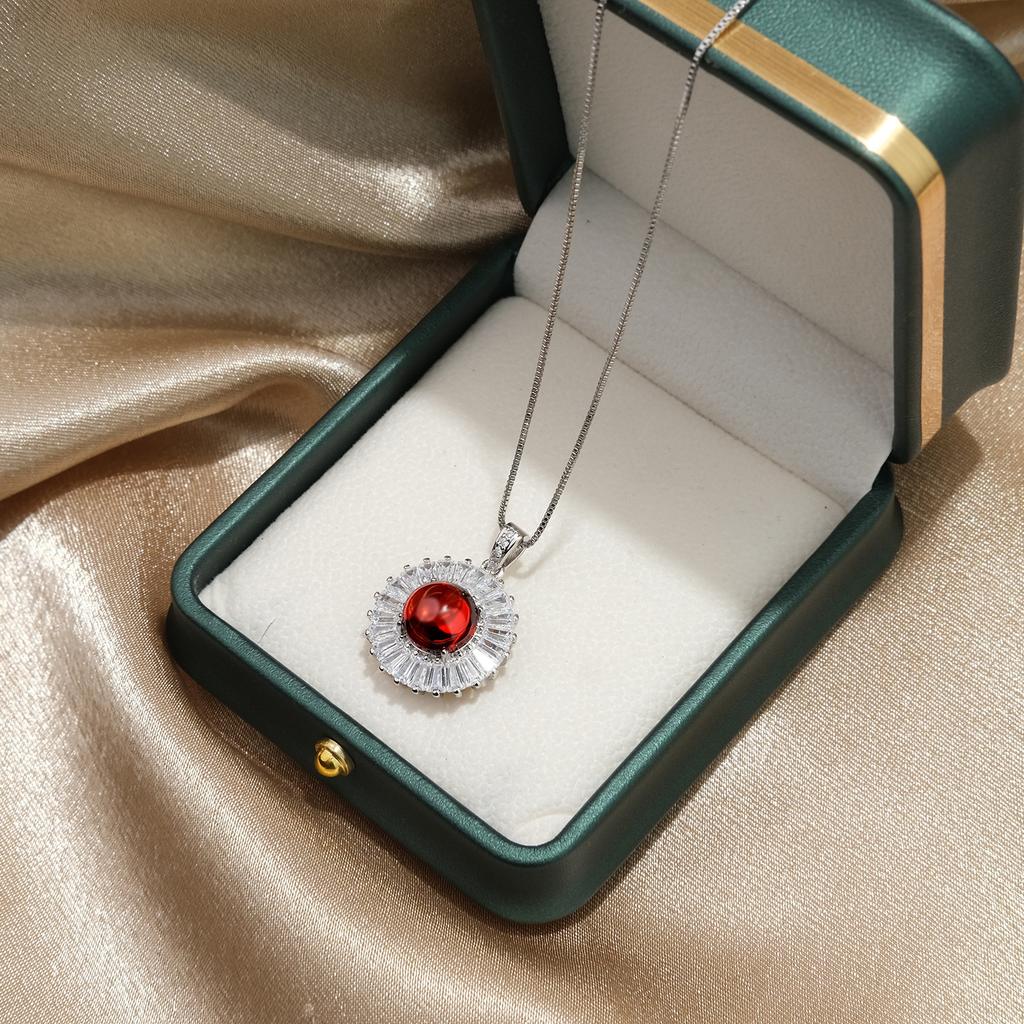 925 Sterling Silver Luxury Design Round Red Zircon Necklace Wedding Anniversary Party Gift