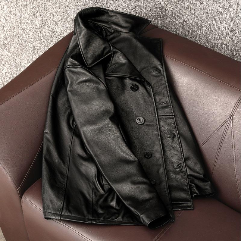 Mens Mid Length Trench Coat Genuine Top Grain Leather Jacket Big Size Business Casual Dad Outerwear