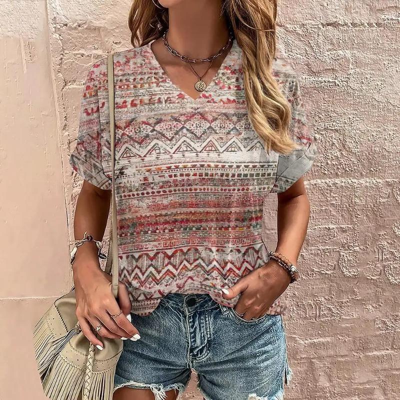 Tricou Boho Harajuku pentru damă, cu imprimeu grafic, cu mâneci scurte de vară, Topuri casual, la modă de stradă, tricou cu decolteu în V, îmbrăcăminte pentru femei, tricouri pentru femei