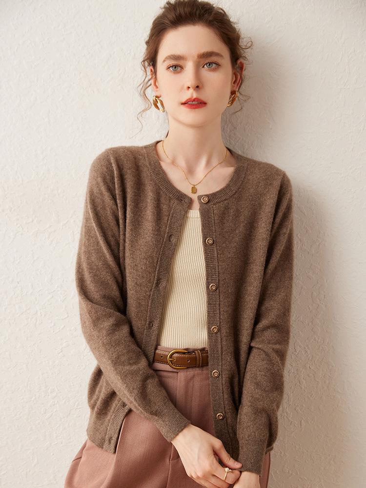 Women's Versatile Round Neck Casual Cashmere Knit Cardigan - Lightweight, Large Size Outerwear