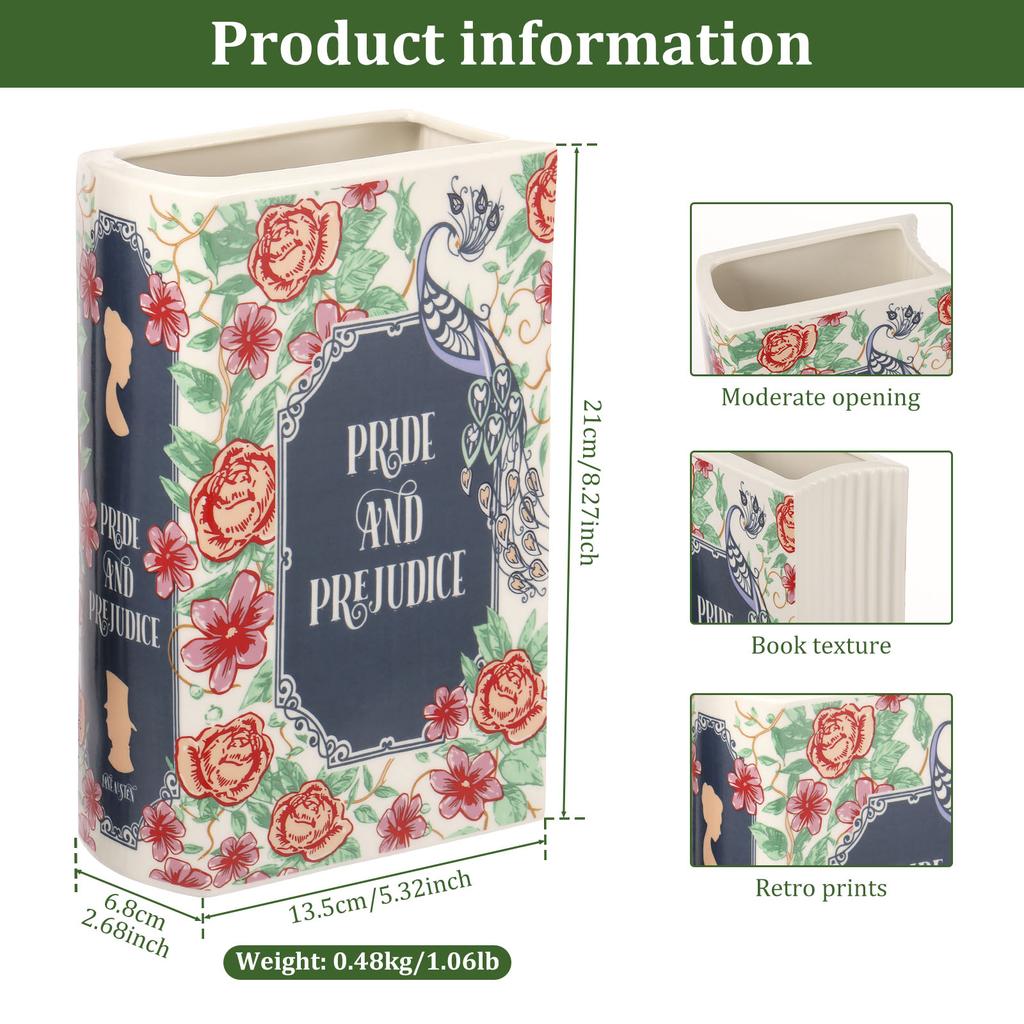 Book-shaped Flower Vase Decorative Retro Prints Ceramic Vases Desktop Ornament Home Living Room Bookshelf Office Decoration