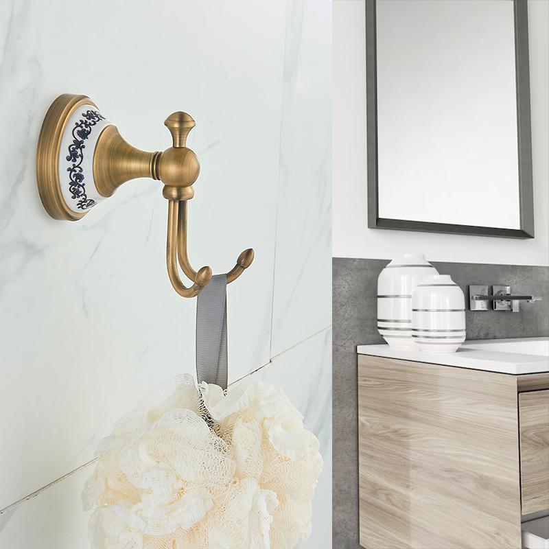 Antique Brass Gold Double Hook for Bathroom, Longhorn Robe and Towel Hook, Vintage Decorative Wall Mounted Accessories ELF82