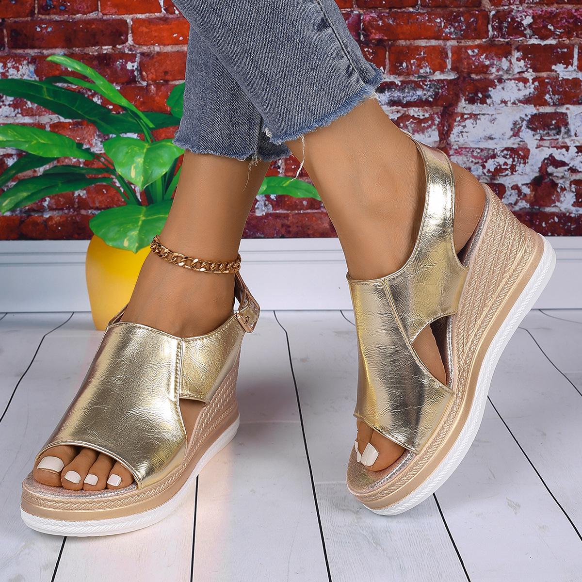 

Модные сандалии большого размера, с ремешком на одной пряжке, на платформе с клиновидным каблуком-маффином, пляжные сандалии 39 золотой