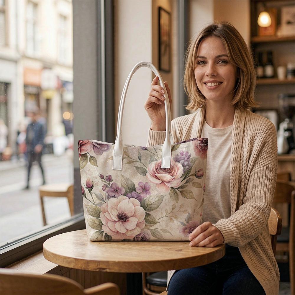 Elegant Floral Print Tote Bag for Women Casual Daily Shoulder Bag Lightweight Shopping Handbag 