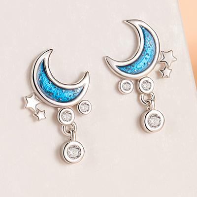 Exquisite Ohrstecker mit blauem Stern und Mond, modisches Temperament, Sinn für Zirkon-Inlay-Design, handwerkliche Klebekunst, Halbmond-Ohrringe, Damen
