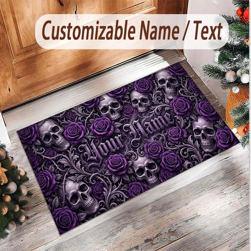 Skull Gothic Theme Soft Crystal Velvet Rug Custom Name & Text Print Non Slip Floor Rug for Bedroom Living Room