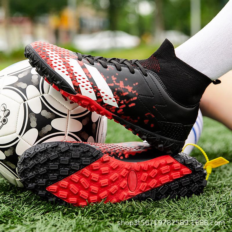 Unisex High-Top Football Shoes for Kids, Mandarin Duck Color, Long Nails, TF Artificial Grass, Student Training.
