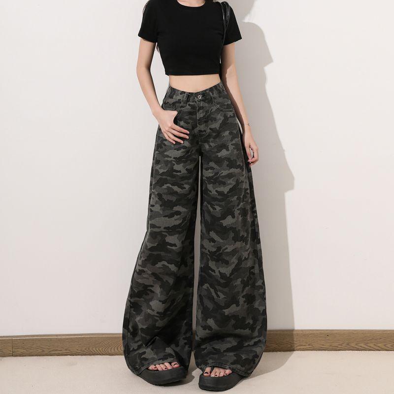

Small Loose Straight Wide Leg Draped Pants Female 2025 Summer American High Street Camouflage Workwear Denim Fan Color pants 155-165 XL