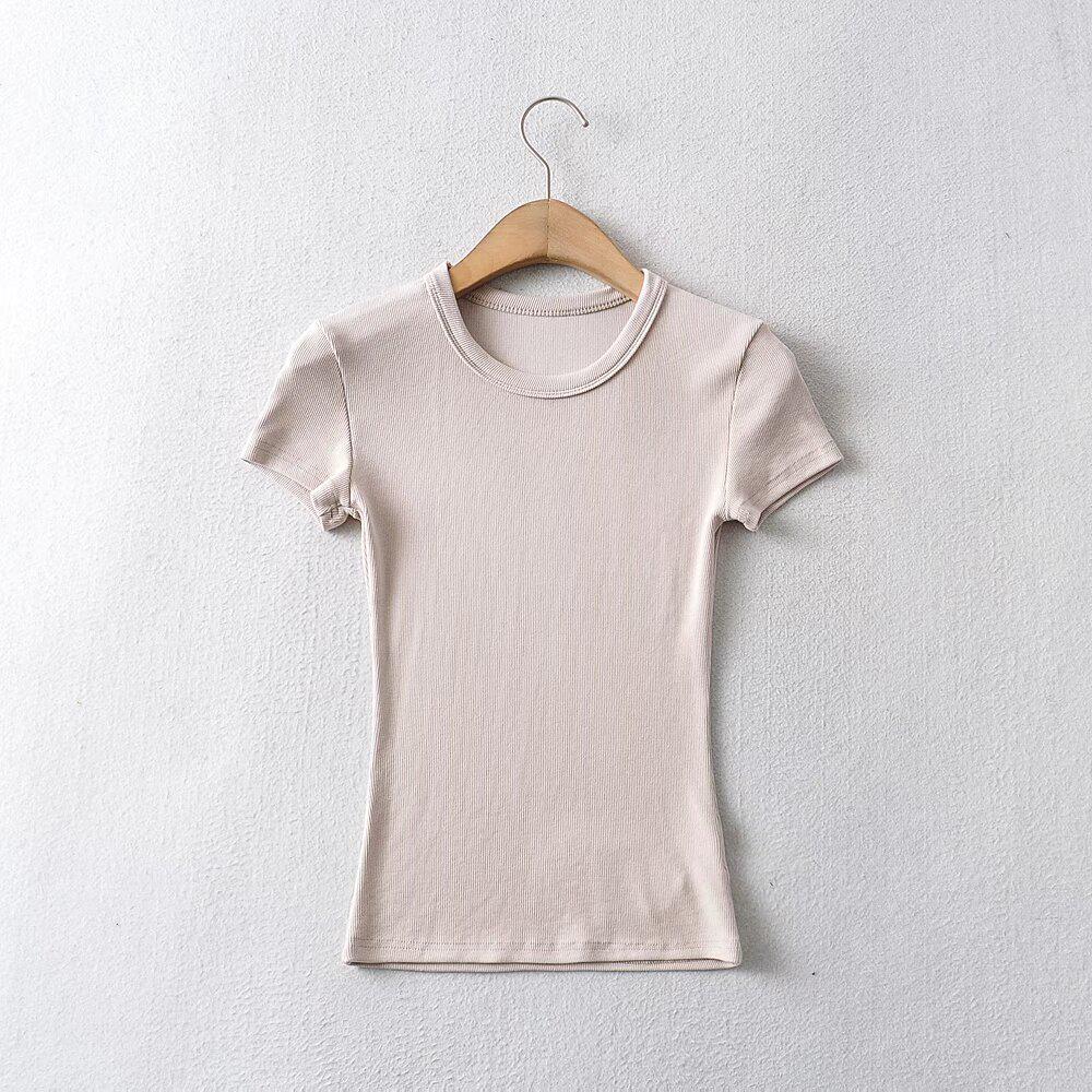 Europäisches und amerikanisches Damen-T-Shirt mit einfarbigem Slim-Fit-Retro-Kurzarm