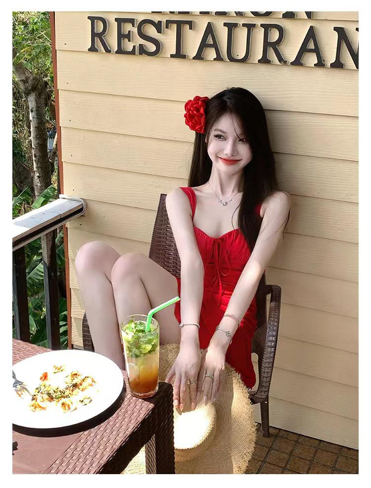 2024 Japanese Bright Red Women's Tummy Control One-Piece Swimsuit