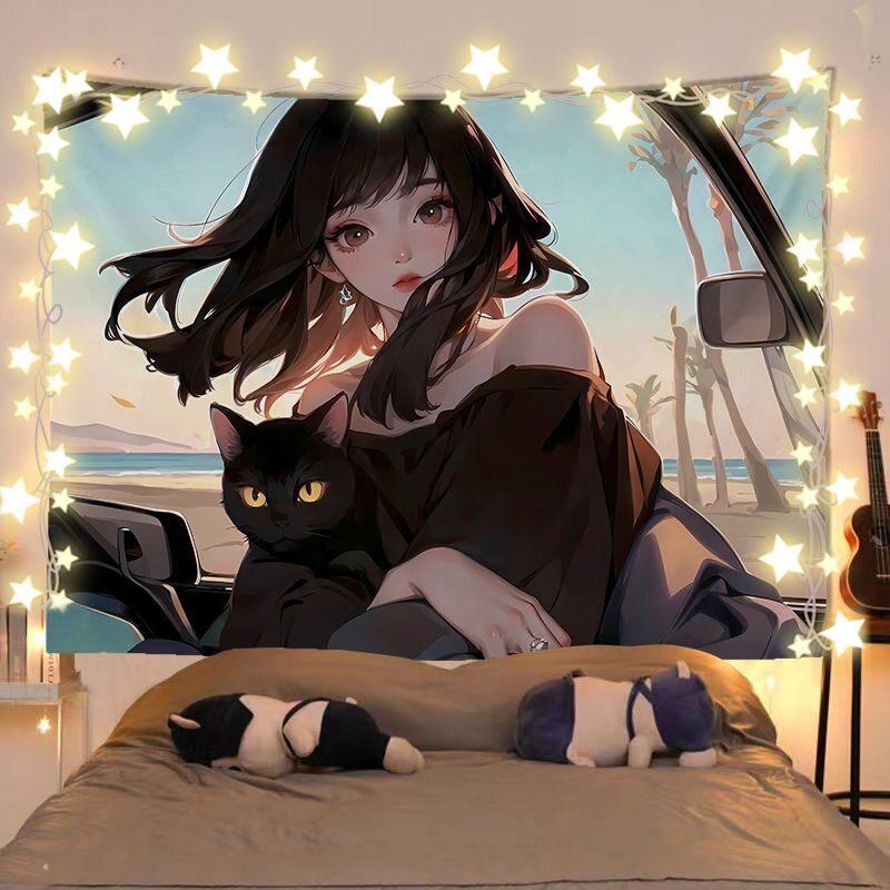 Anime Girl And Cat Healing Scenery Tapestry Wall Hanging Decorative Fabric for Room Headboard And Background Decoration