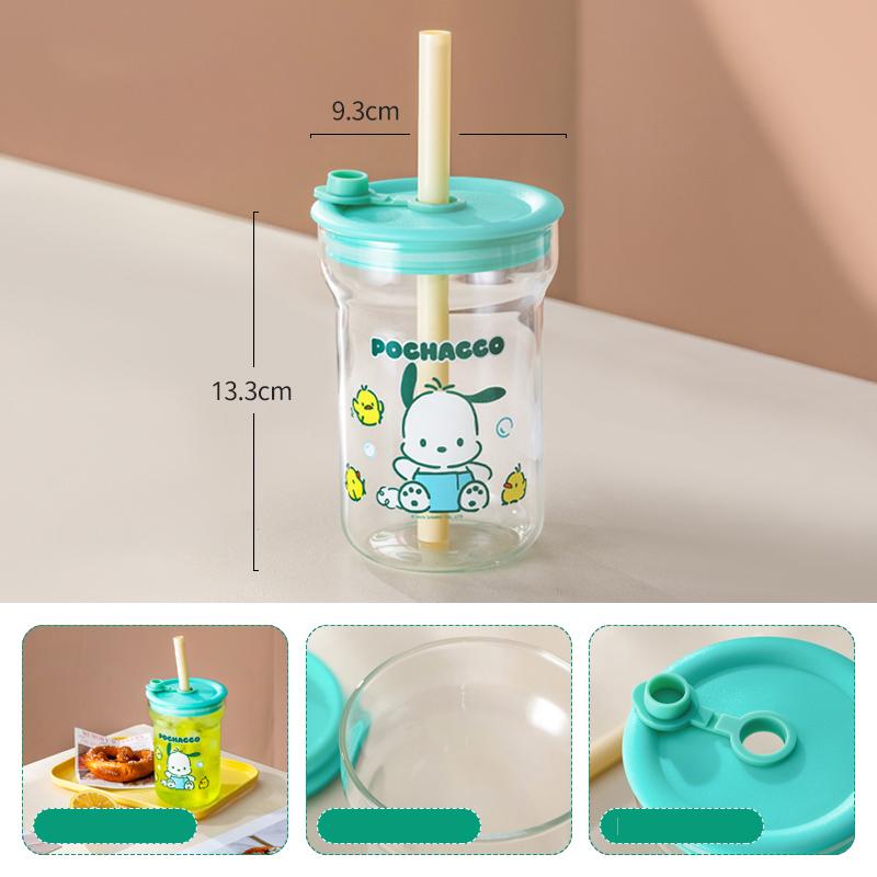 

For Sanrio Hello Kitty Kuromi Glass Straw Cup Coffee Cup with Lid&Straw Cartoon Pochacco Water Cup 550ml Home Juice Mug for Kids