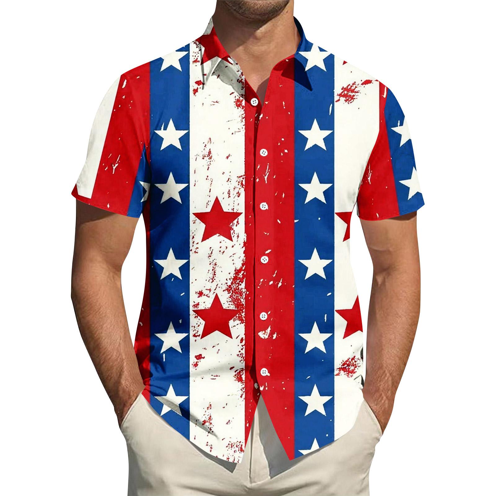 

Mens Short Sleeve Button Down Shirt with Star and Flag Print Casual Fit Lightweight Material XXL