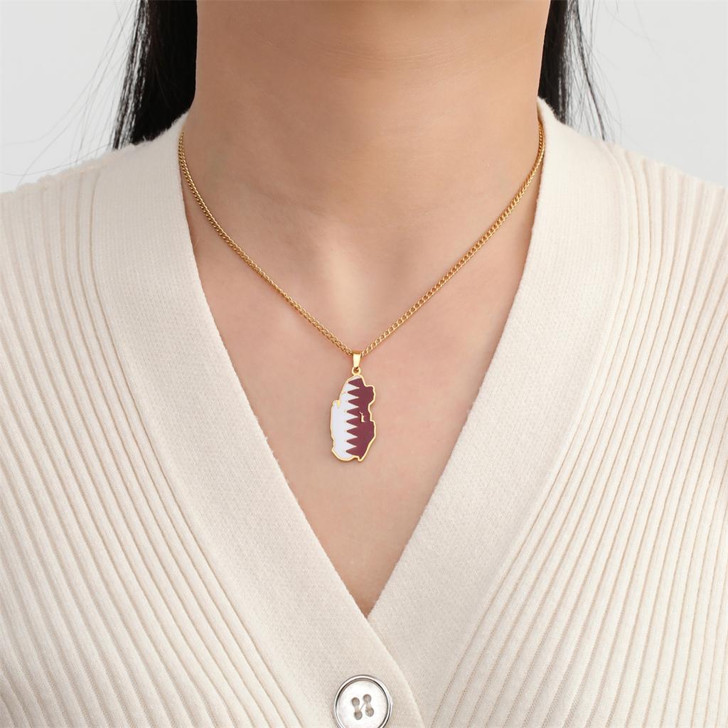 Drip Oil Qatar Map Necklace For Women Men Stainless Steel Qatari Country Flag Pendant Chain Patriotic Jewelry Wholesale
