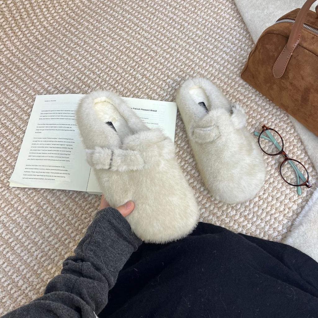 2025 winter new round head with velvet warm cotton shoes versatile Mary Jane thick-soled commuting fluffy women's half-drag