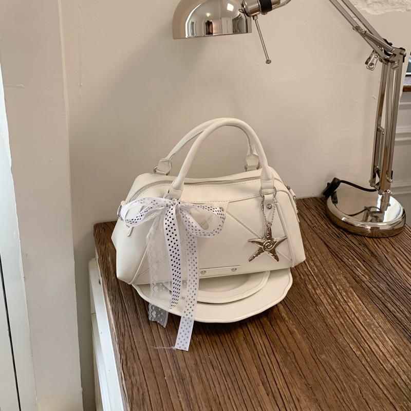 Korean Style Sweet Bowling Bag With Star Pendant Lace Bow Versatile Pillow Handbag Casual Daily Commuter Shoulder Crossbody Bag