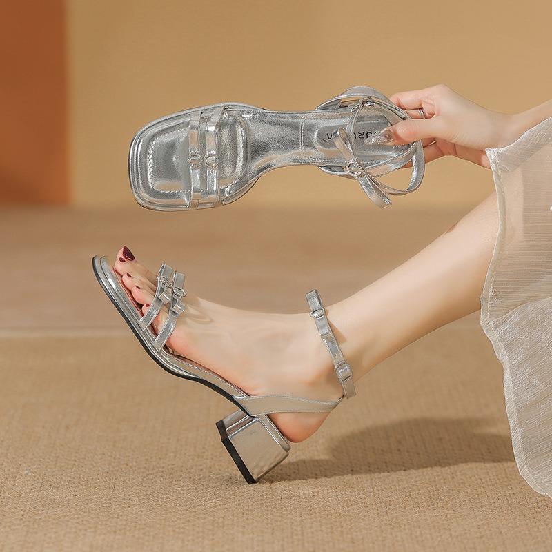 Summer new thick heel with buckle silver rhinestone sandals women's bow high heels