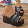 Fashion Aphixta 3.54 Inch Platform Women's Slides Denim Cotton Fabrics Shoes Slippers Jean Wedge Heel Beach Plus Size 42 43