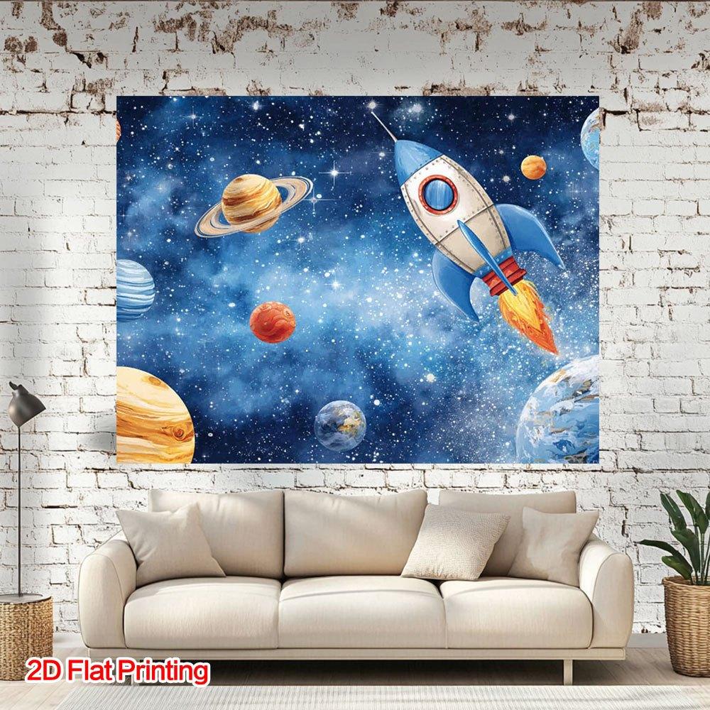 One 2D flat-printed space-themed background fabric, featuring rocket and planet patterns, made of polyester material.