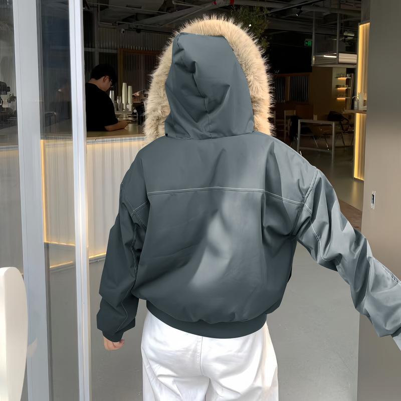 Winter Retro Fur Collar Hooded Parkas High Street Short Winter Jacket for Women Y2K Cotton Padded Outwear