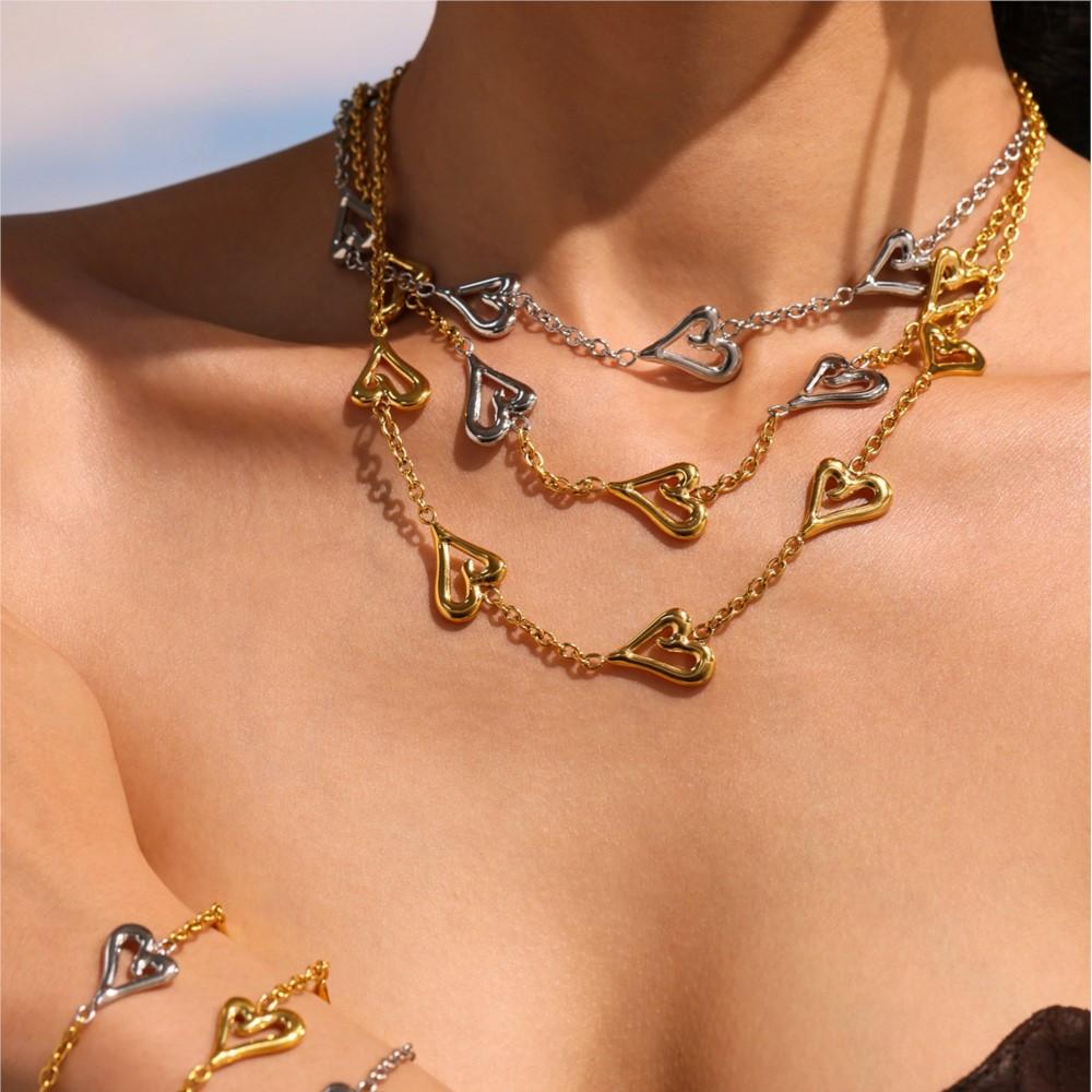 Multi Heart Necklace Bracelets In Stainless Steel 18k Gold Plated Non Tarnish Chain Necklaces Matching Bracelet For Women