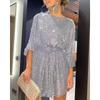 GMXIA Damen Rundhals Langarm Mode Sommer Frühling Einfarbige Druck Casual Kleider
