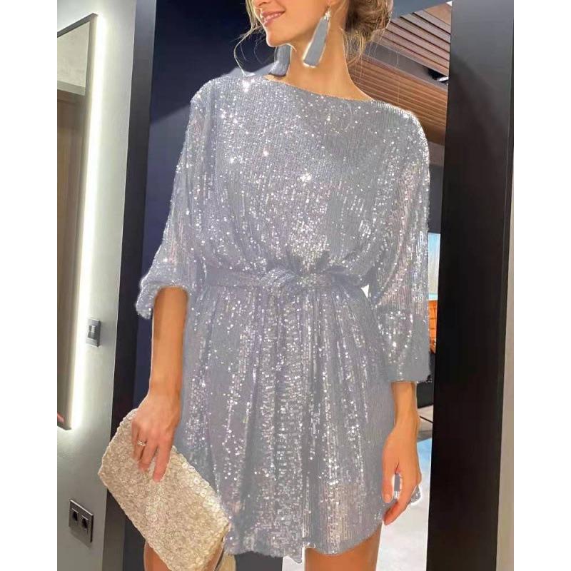 GMXIA Damen Rundhals Langarm Mode Sommer Frühling Einfarbige Druck Casual Kleider